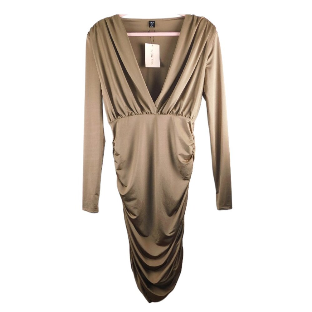 SHEIN BAE Long Sleeve Ruched Deep‎ V Midi Dress – Size L – Tan/Khaki